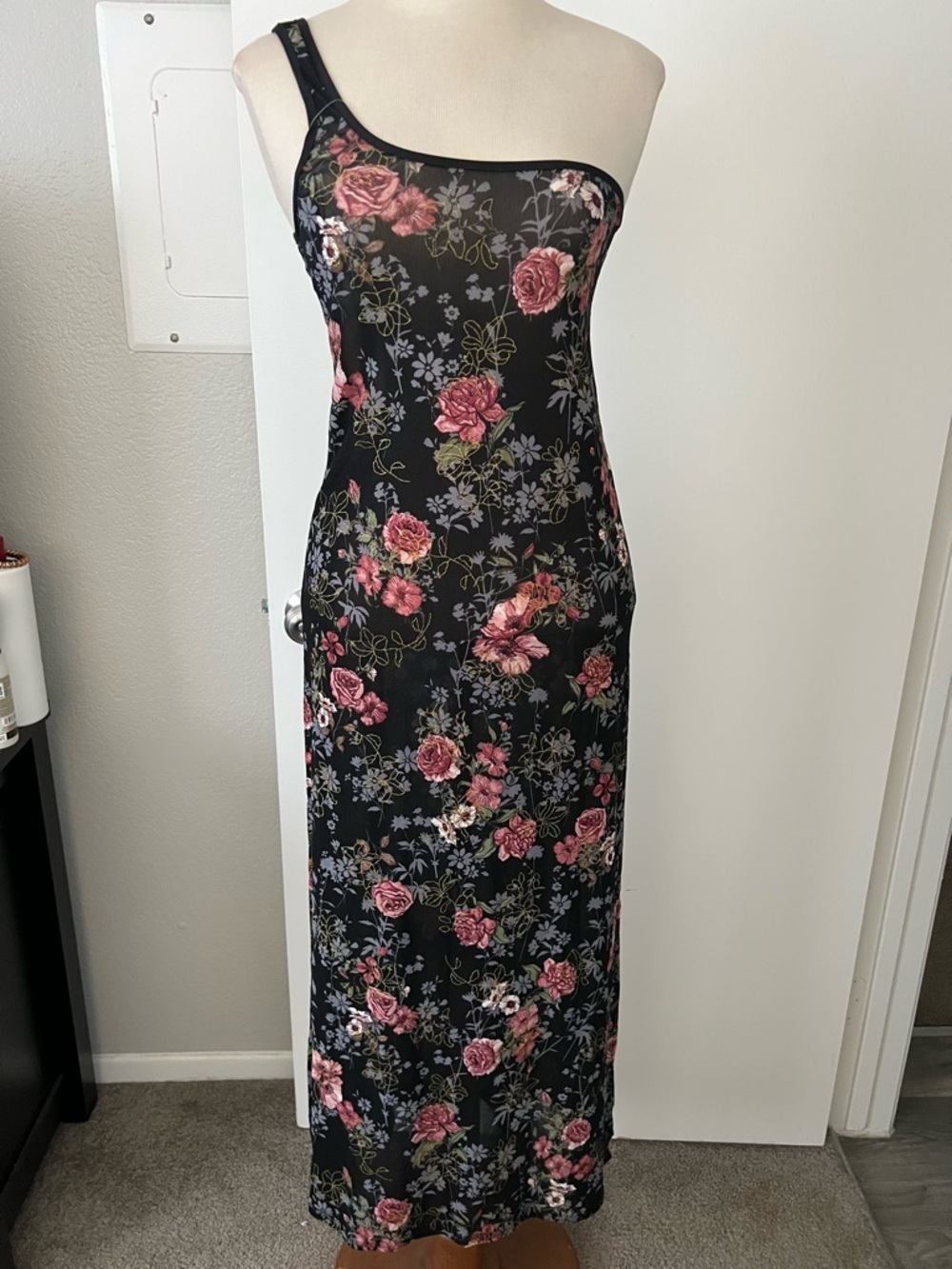 Wicked Weasel One-Shoulder Black Floral Maxi slip sheer Dress